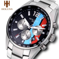 HOLUNS mens Fashion watch Full stainless steel Multifunctional Sports chronograph quartz Wristwatches Waterproof