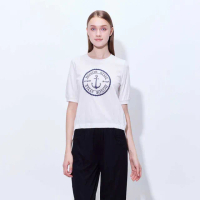 【HONOR 山形屋】時尚英文錨印收腰短袖上衣-白