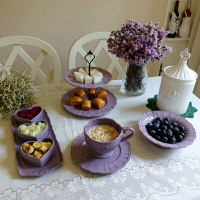 紫色茶具 浮雕陶瓷精致出口下午 愛心三盤 麥片杯 雙層點心盤飯碗