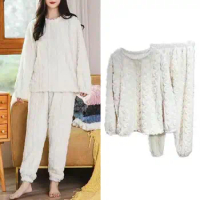 Solid Color Pajama Set Cozy Winter Pajama Sets Stylish Plush Sleepwear for Women Warm 2-piece Thicken Pullover Pants Comfortable