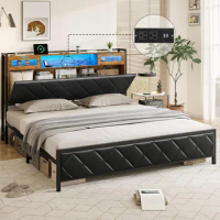 King Size Bed Frame with Hidden Storage Headboard and Charging Station King Size Platform Bed