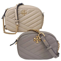 【TORY BURCH】專櫃款金屬TB LOGO 山形紋鍊帶斜背包(奶茶色/大象灰 贈原廠防塵袋紙袋母親節送禮)