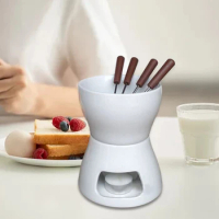 Ceramic Chocolate Fondue Pot with 4 Fork and 1 Candle Cheese Butter Melt Pot Ice Cream Chocolate Melting Hotpot DIY Kitchen Tool