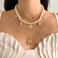 Three-piece seaside vacation wind diamond-encrusted imitation pearl imitation shell starfish necklac