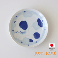 【Just Home】日本三花貓輕量陶瓷6.3吋盤 淡藍色(盤 蛋糕盤 平盤 點心盤 可微波)