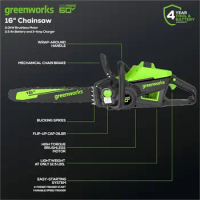 Greenworks 60V 16" Brushless Cordless Chainsaw, 2.5Ah Battery and Charger Included