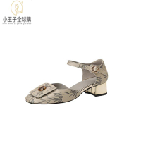 【公司現貨速發】免運 開發票 小短靴 堆堆靴 真皮女鞋 羊皮鞋 小皮鞋 樂福鞋中式青花瓷國風山茶花包頭中空單鞋涼鞋夏包頭包跟3.5厘米 定制