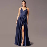 Sexy A-Line Spaghetti Strap Backless Evening Dresses Slit Satin Formal Evening Gowns