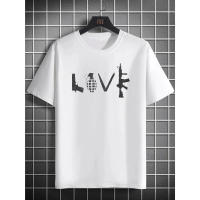 Lover Gun Print, Men's Round Crew Neck Short Sleeve, Simple Style Tee Fashion Regular Fit T-Shirt, C