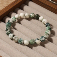 Handmade Natural Stone Moss Agate Bracelet 8mm Round Beads with Marbling Patterns, Light Green & Whi