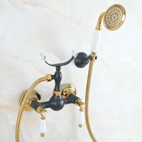 Black &amp; gOLD Brass Shower Faucets Set Wall Mounted Bath Shower Faucets Mixer Tap With Hand Sprayer Shower Head Kna564