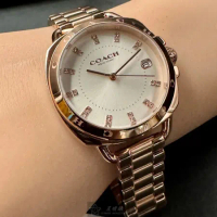 COACH34mm圓形玫瑰金精鋼錶殼銀白色錶盤精鋼玫瑰金色錶帶款CH00196