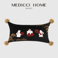 Medicci Home Relaxed Rabbits Applique Embroidered Lumbar Pillow Cover Luxury Silk Velvet Cushion Case 30x60cm For Sofa Couch Bed