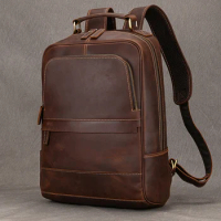 Fashion Designer Leather Backpack Vintage Style Crazy Horse Leather Travel Backpack Bag 100% Genuine Leather Computer Bag Men