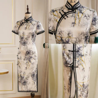 Print Floral Silk Cheongsam Long Slim Mandarin Collar Cheongsam for Women Traditional Chinese Style Dress Vintage Button Vestido