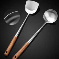 Steel Kitchen Wok Spatula Spoon Chinese Cooking Tool Wooden Handle Safety Kitchen Bar Tools
