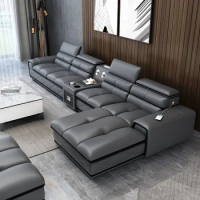 Modern Genuine Leather Sectional Sofa Sets Couch Sofas with USB Charging and Bluetooth Speaker - MANBAS Living Room Furniture