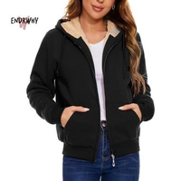 Jaket Wanita , Sweater Hoodie Zipper Polos Belapis Bulu Sherpa Tebal & Hangat Hitam XL