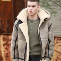 Fashion Men Winter Hooded Original Ecological Lamb Fur Coat Warm Wool Lining Real Fur Genuine Leather Jacket Flight Overcoat