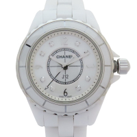 【二手名牌BRAND OFF】CHANEL 香奈兒 白色 陶瓷 J12 8P鑽石 珍珠母貝錶盤 石英 腕錶