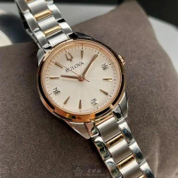 BULOVA28mm圓形玫瑰金精鋼錶殼白色錶盤精鋼金銀相間錶帶款BU00002
