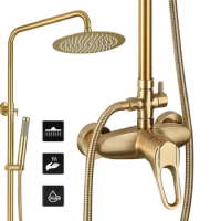 Brushed Gold Shower Set 2-way Copper Shower Faucet Set with Adjustable Shower Pole and Top Shower Head SZ-SF21032201