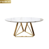FSUBEST Free Shipping Luxury Round White Marble Dining Table With 6 Chairs Set Stainless Steel Gold Plating Base Mesas De Jantar