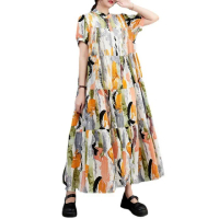 【米蘭精品】洋裝短袖連身裙(古典水墨印花蛋糕裙女裙子2色74dy45)