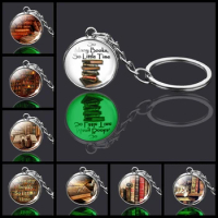 So Many Books So Little Time Keychain Glow In The Dark Glass Ball Books Picture Keyring Jewelry Gifts for Students Teachers