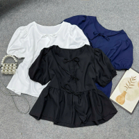 Áo kiểu babydoll bigsize nữ tay ngắn phồng nhẹ thắt dây xinh xắn chất kate mềm mịn phù hợp đi học, đ