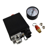 175psi 4 Port Air Compressor Pressure Switch Manifold Regulator Aluminum Alloy Safety Pressure Valve All Black Bracket