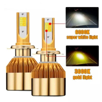 Lampu LED Mobil Headlight H4 2 PCS 2 Warna Cahaya Putih Dan Kuning Lampu Utama Mobil LED COB Super B