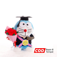 Boneka Wisuda Doraemon bawa Buket Bunga Kado Wisuda 24cm
