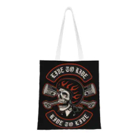 Biker Motorcycle Skull Groceries Tote Shopping Bag Women Fashion Rockabilly Canvas Shopper Shoulder Bags Big Capacity Handbag