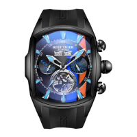 Reef Tiger Men Automatic Watch Sport Mechanical Wristwatch Tonneau Case Rubber Strap Luminous Muiti-Dial Month Week Date