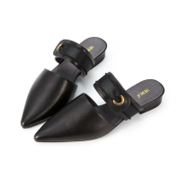 【HERLS】穆勒鞋-全真皮緞帶拼接橫帶尖頭低跟穆勒鞋拖鞋(黑色)