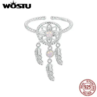 WOSTU 925 Sterling Silver Dreamcatcher Open Ring With Nano Opal Stone For Women Wedding Lucky Gift Fine Jewelry Boho Style