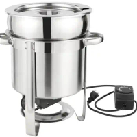 Soup Chafer 7 QT Stainless Steel Round Soup Warmer with Electric Heating Plate, Large Marmite Soup Chafer with Pot Lid and Frame
