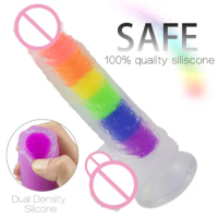 Realistic Dick Rainbow Dildo Anal Plug Adults Sex Toys Double Dildo Suction Cup Female Masturbator Fake Penis Lesbian For Man