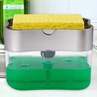 2 in 1 Scrubbing Liquid Detergent Dispenser Press-type Liquid Soap Box Pump Organizer with Sponge Kitchen Tool Bathroom Supplies