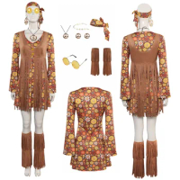 Retro 70s Hippie Skirt Cosplay Hippy Costume Retro Disco Women Vintage Dress Outfits Halloween Carnival Party Disguise Suit