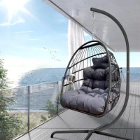 Swing Egg Chair with Stand, UV Resistant Cushion Foldable Frame Wicker Hanging Chairs with Cup Holder, Patio Swings