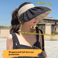 Large brimmed sun protection and sunshade hat for women, summer UV protection, empty top straw hat, foldable cycling sun hat