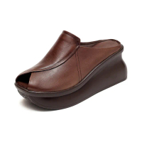 【Vecchio】真皮拖鞋 厚底拖鞋/真皮頭層牛皮魚口露趾不對稱設計坡跟厚底拖鞋(棕)