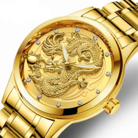 FNGEEN New watch male quartz watch dragon pattern luminous gold color quartz ultra-thin steel belt