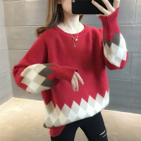 圓領毛線衣女秋冬2021年新款韓版菱形紅色洋氣寬松外穿打底針織衫