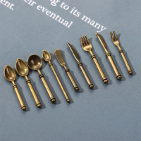 9Pcs/Set 1:6/1:12 Scale Miniature Cookware Metal Simulation Mini Cutlery Doll Accessory Fork Knife Spoon Kitchen Tableware