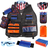 Kids Tactical Vest Kit Nerf Guns Series Refill Darts Reload Clips Mask Wrist Band And Protective Glasses Dress Up Toys