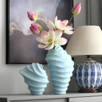 中式擺件書房客廳家居飾品汝韻青瓷螺紋新中式陶瓷花瓶