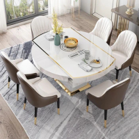 Extendable Long Dining Table Modern Round White Marble Mobile Restaurant Table Luxury Space Saving Esstisch Sets Furniture